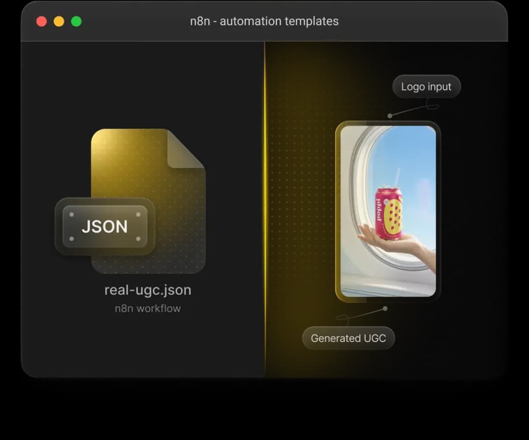 n8n workflow templates: a JSON workflow file turning a logo input into generated UGC